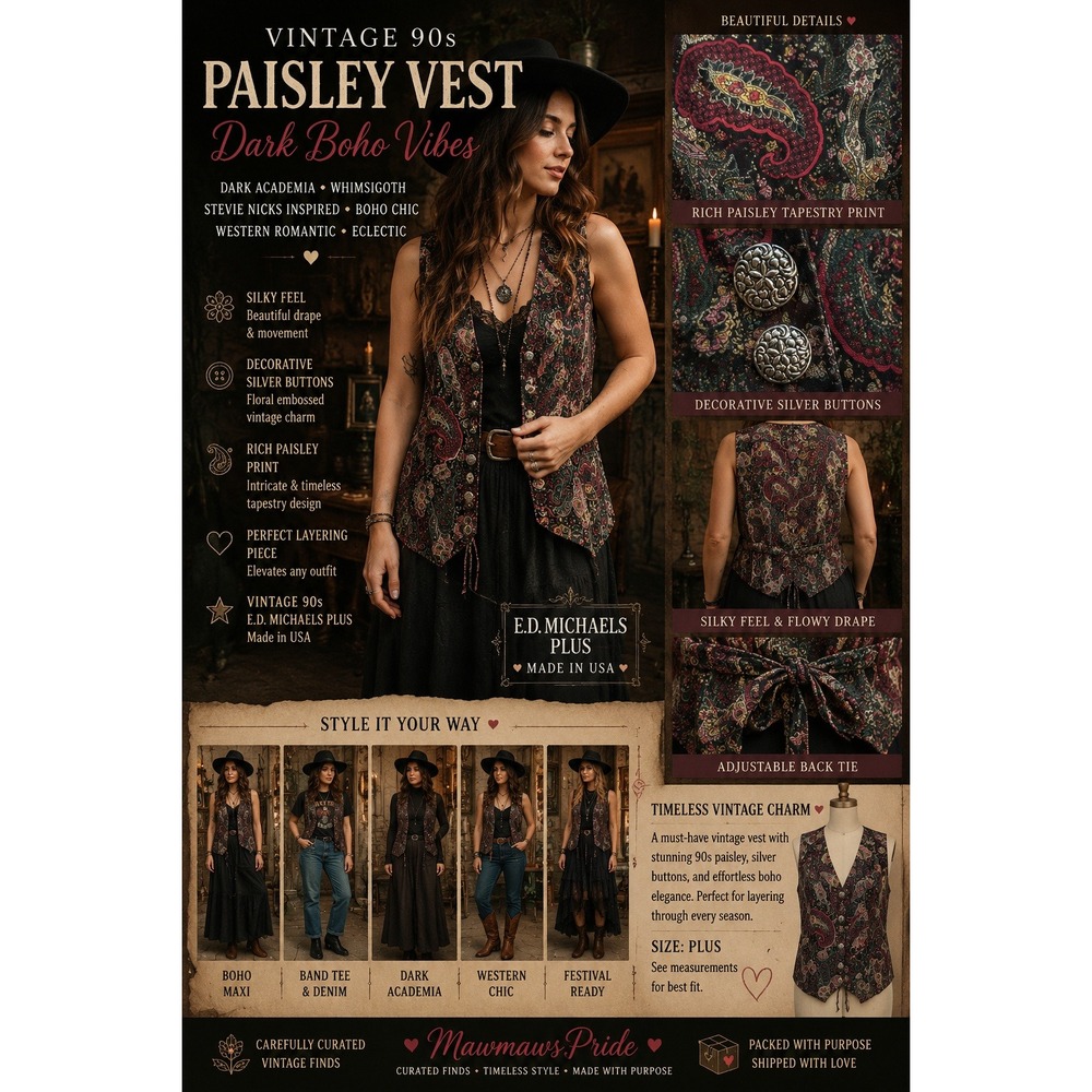 Vintage 90s Paisley Boho Vest Dark Academia Whimsigoth‎ Stevie Nicks Plus USA L